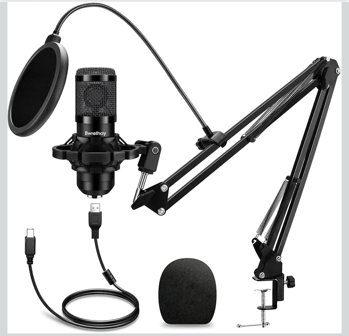 Bwrethay Micrófono USB con Kit Completo – Plug & Play Profesional