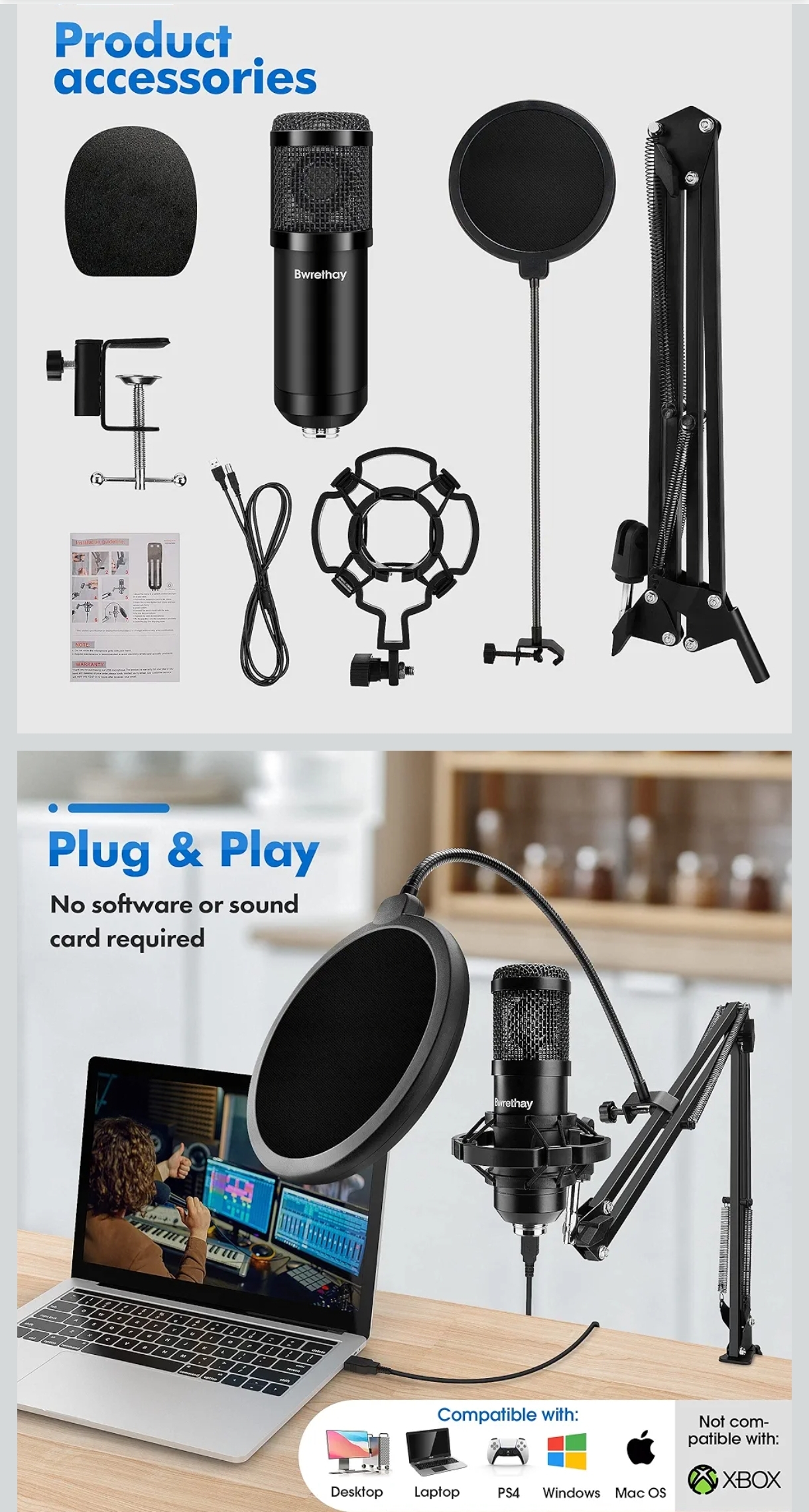Bwrethay Micrófono USB con Kit Completo – Plug & Play Profesional - Image 2